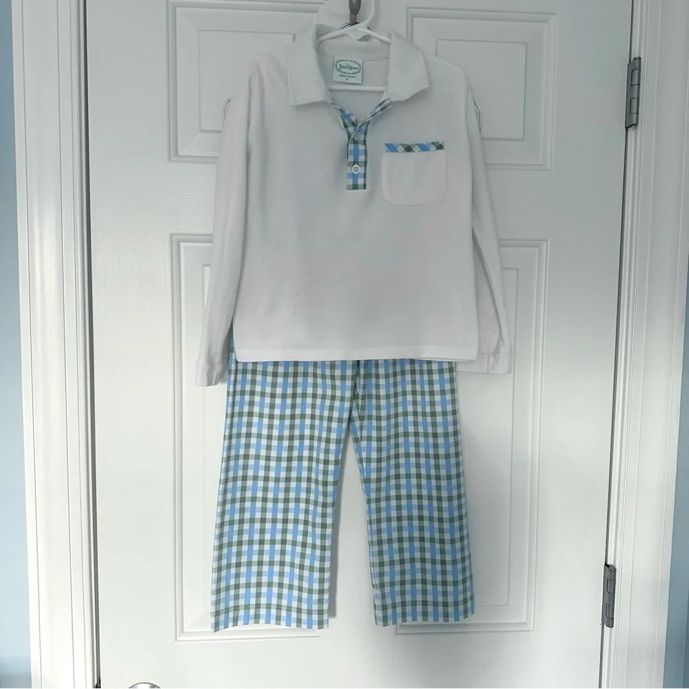 Grace & James Hudson Pant Long Sleeve Polo Shirt Set Blue Green Plaid Boys Sz 6